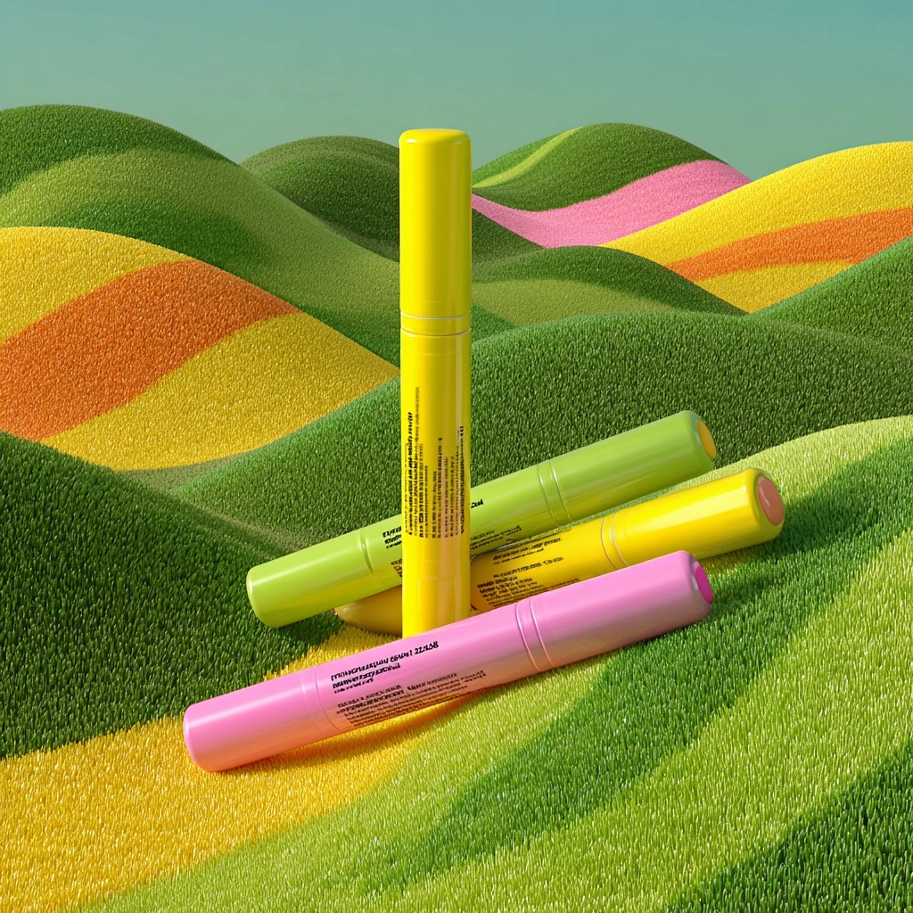 Three huge highlighter pens in yellow and pink in rolling green teletubbie style hills