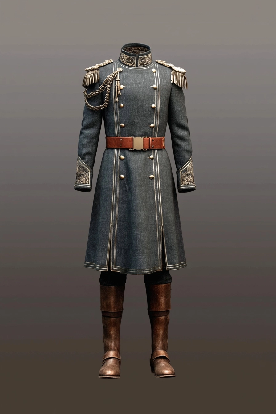 A crisp and detailed wizarding world military uniform design, isolated on a plain background