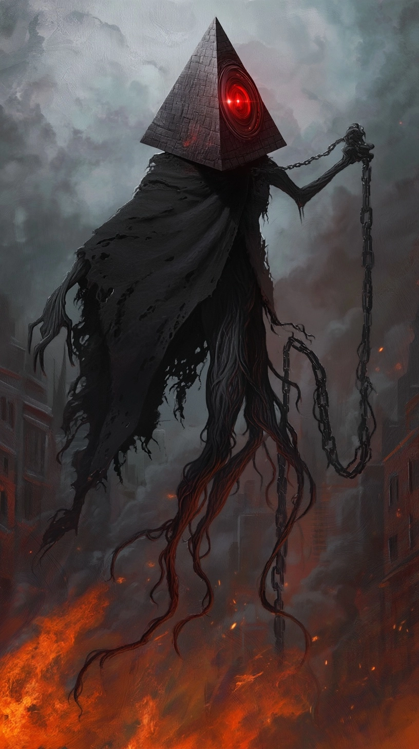 A flying figure with a pyramid head with one red glowing camera Lense eye floats above a burning cit