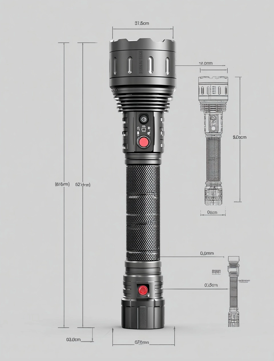 A long led flashlight with an oversized head, featuring multiple touch control buttons and a metal m