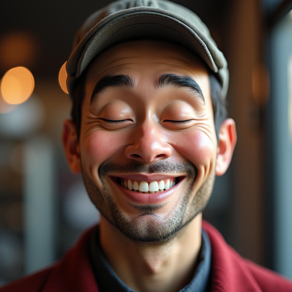 Happy Mask Salesman Smiling With Closed Eyes