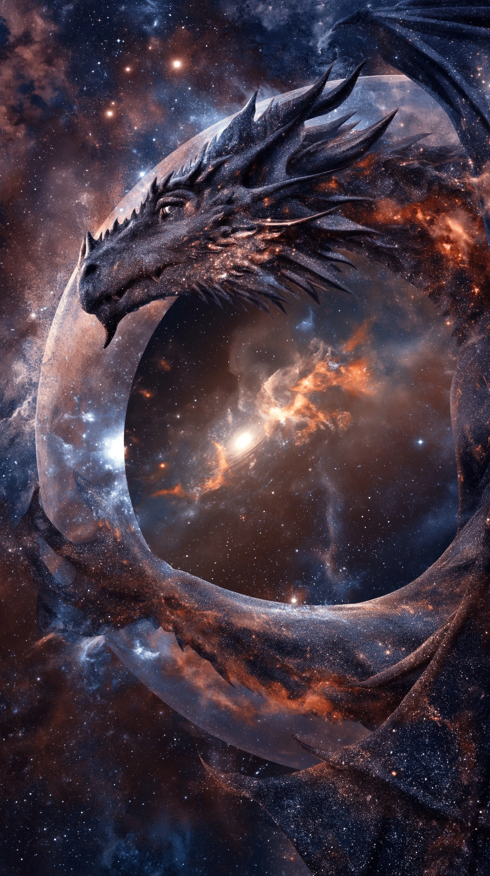 [Previous image content] inside the stylized eye of a colossal cosmic dragon made of stardust