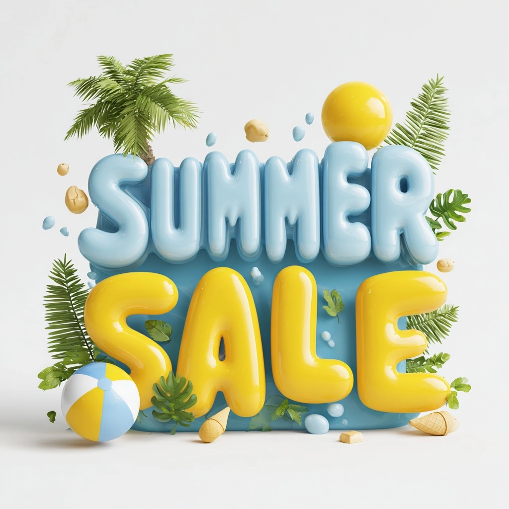 A vibrant 3D render typography of "SUMMER SALE" in a bold