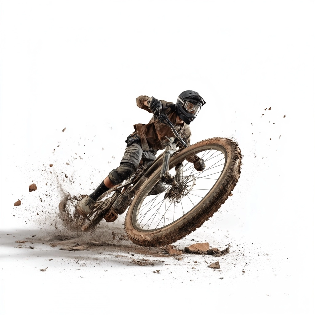 Crée une image d'un homme sur un VTT sur fond blanc dans une situation très sportive et spectaculair