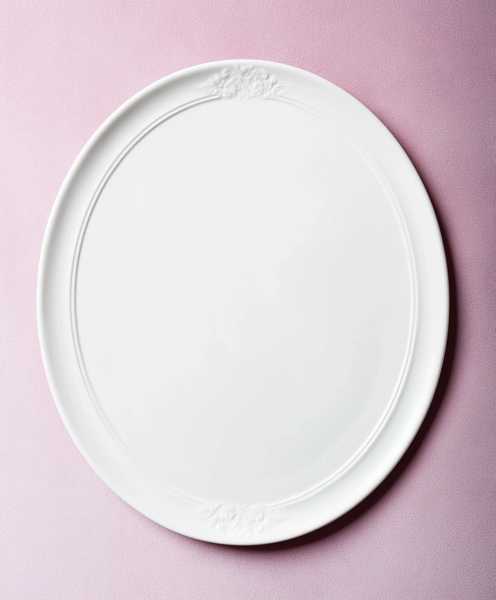 A white, blank, round label with an oval border on the top and bottom