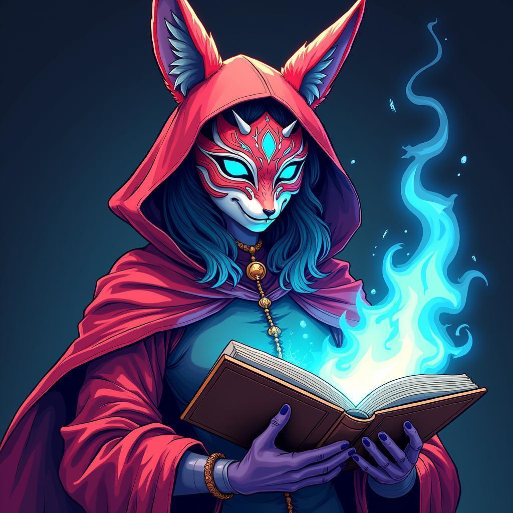 Pop Art Sorceress With Kitsune Mask Flames
