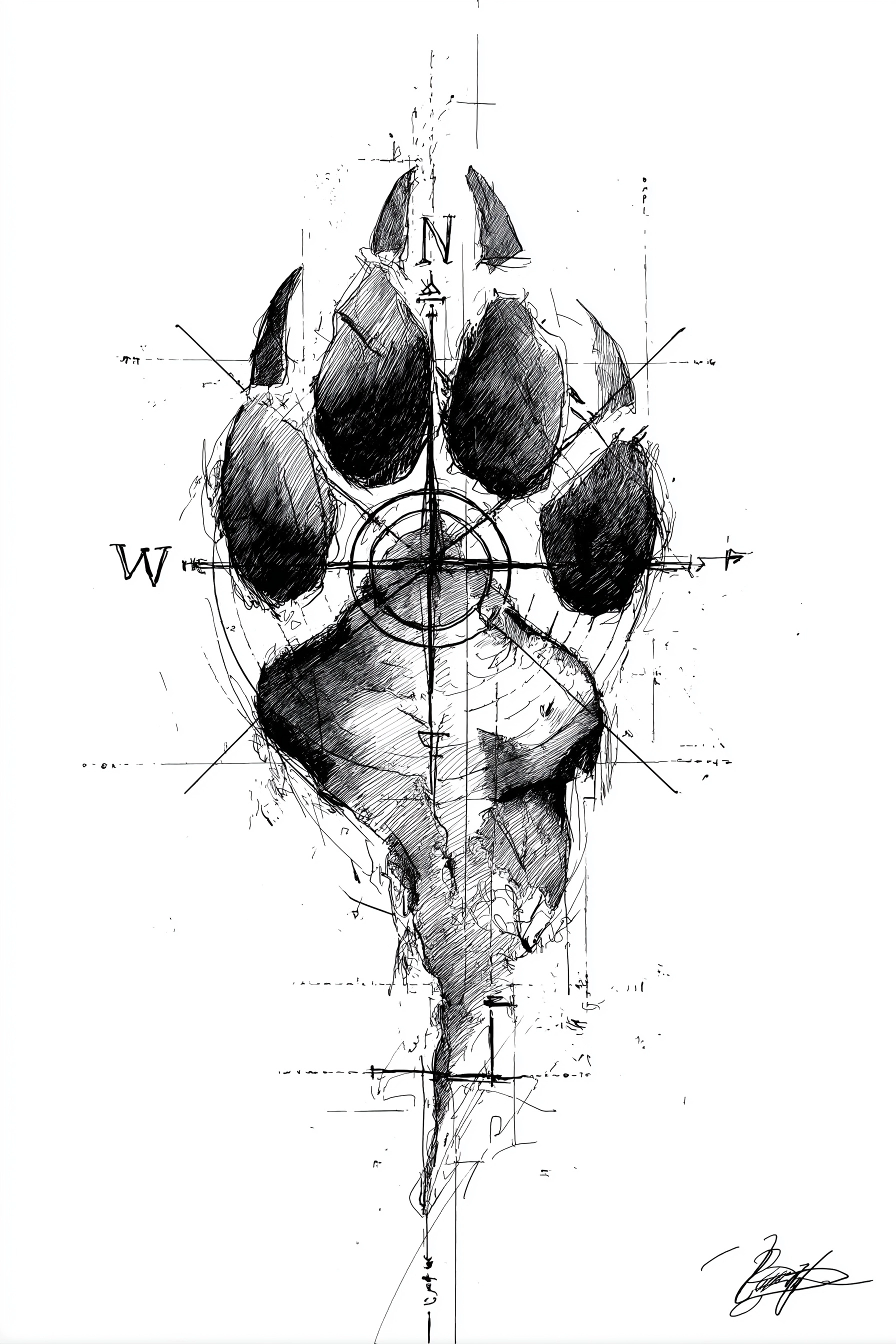 Black dog paw tattoo design incorporating compas directions. Loose sketch style. Isolated on a white