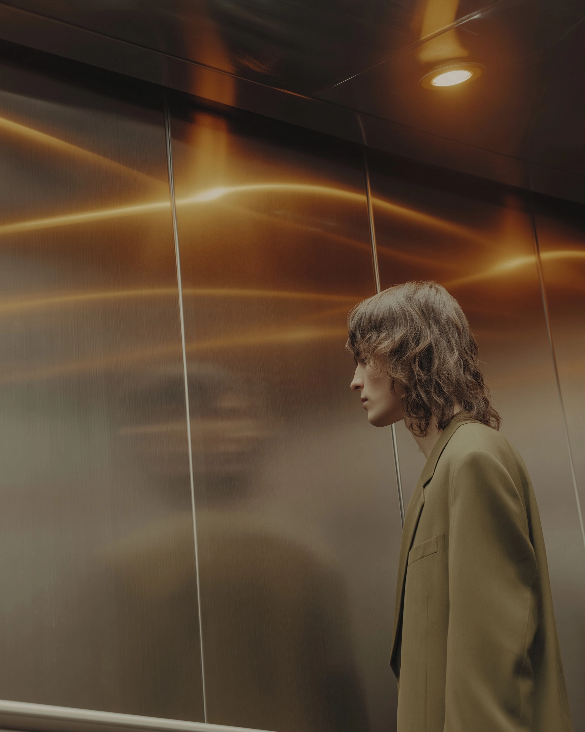 Brushed stainless steel elevator, warm overhead light, muted olive taupe brown tones