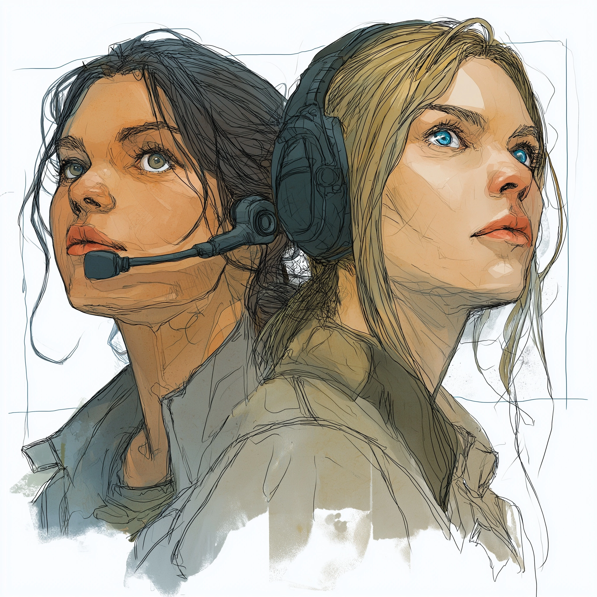 Concept art of two female scientists, 25 years old. Mara: Italian features