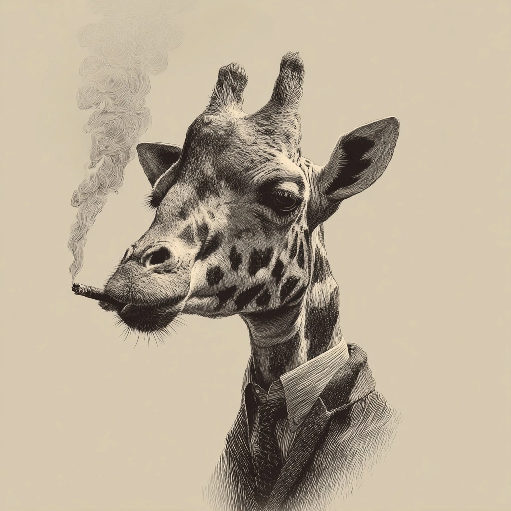 Create illustration of a giraffe smoking a cigarette