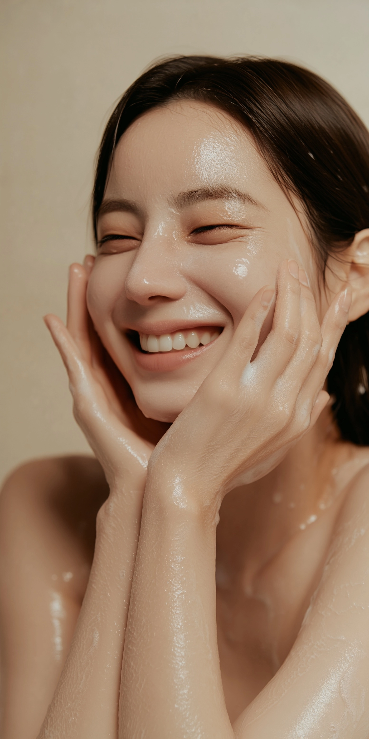 Full body shot, A Korean woman in her 20s cleansing her face, smiling brightly