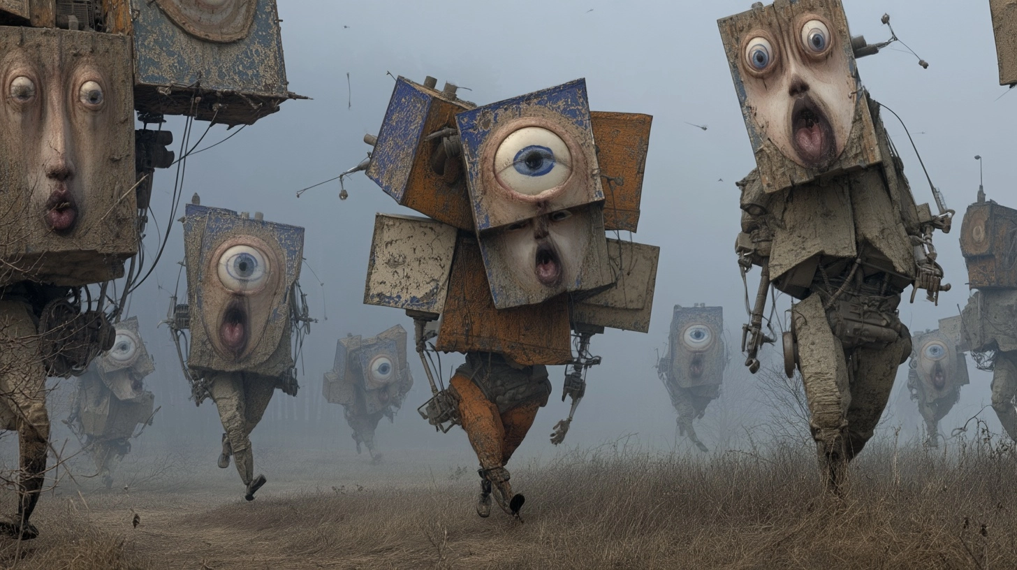 Full-body surreal cubist machines with expressive faces, abstract eyes and shapes