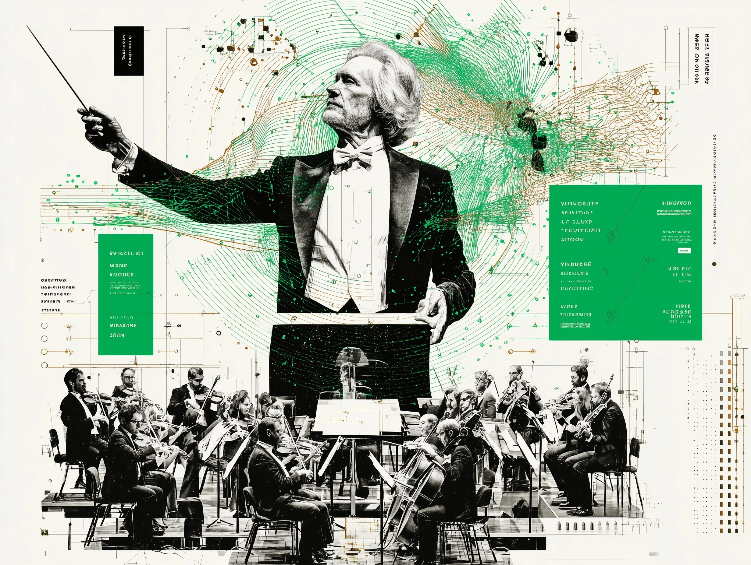 Professional concert hall photography, dramatic stage lighting. A confident conductor in elegant bla