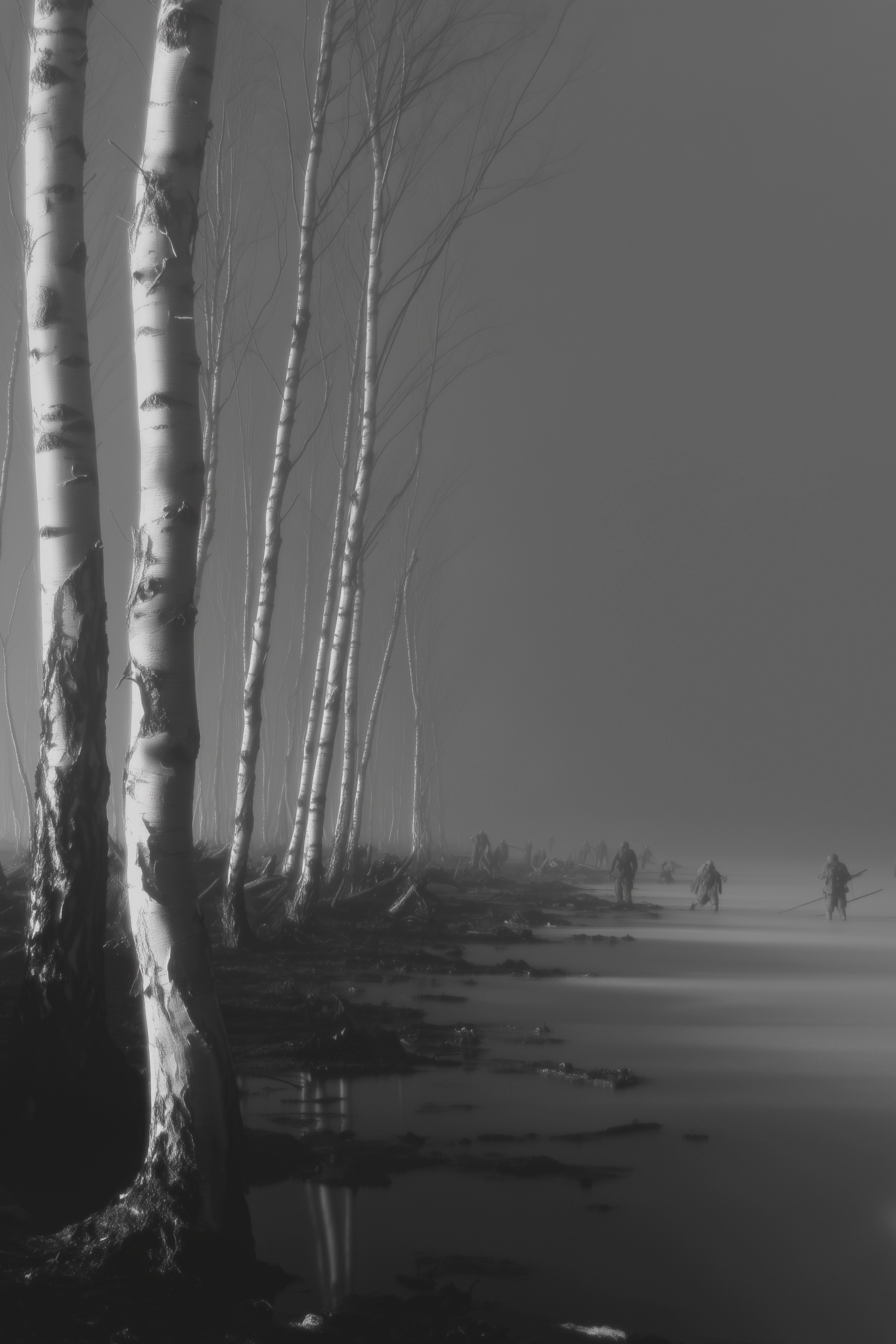 Minimal aesthetic, zombies. The birches along the Oder have not yet learned that the war is over. Th