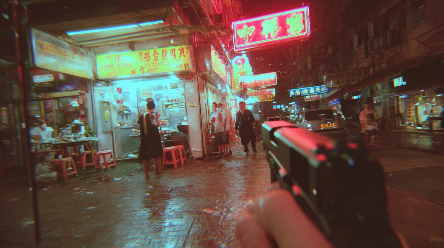 Pov first person view of vengeful man with glock in one hand, left hand raised to stop