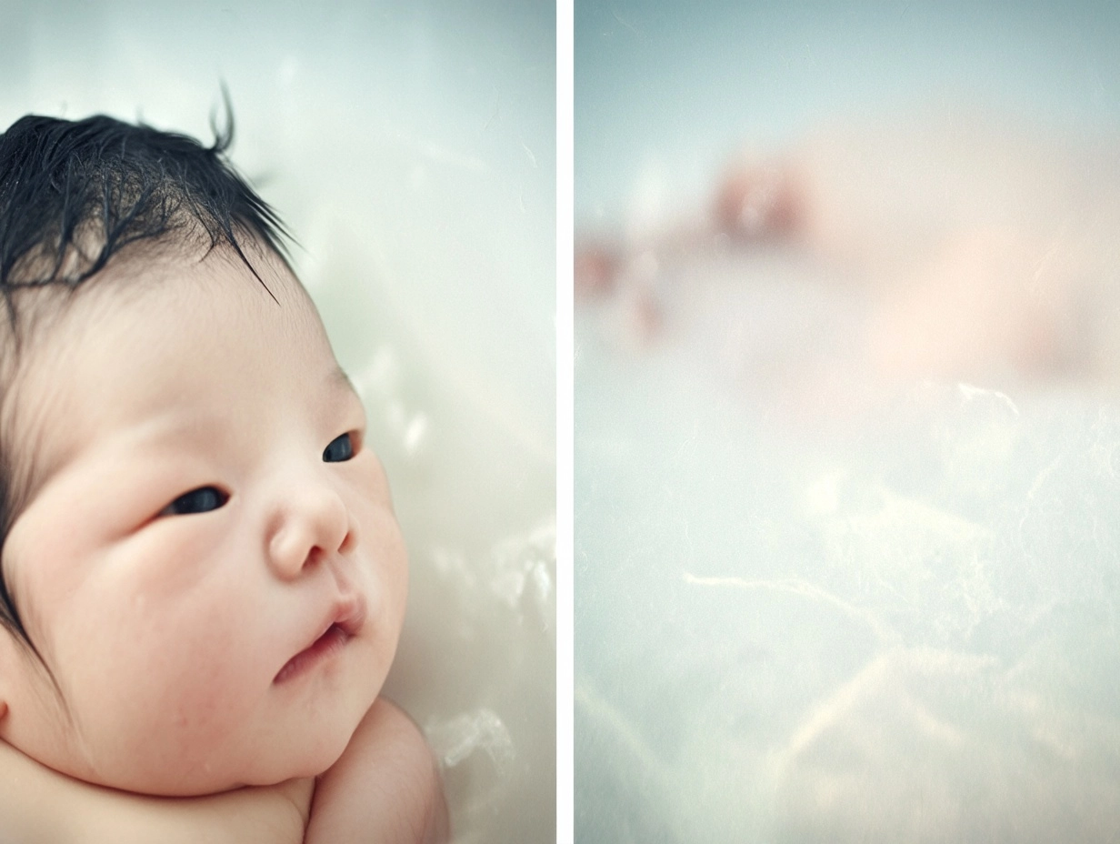 Japanese mother washing newborn baby hair with gentle bubble foam