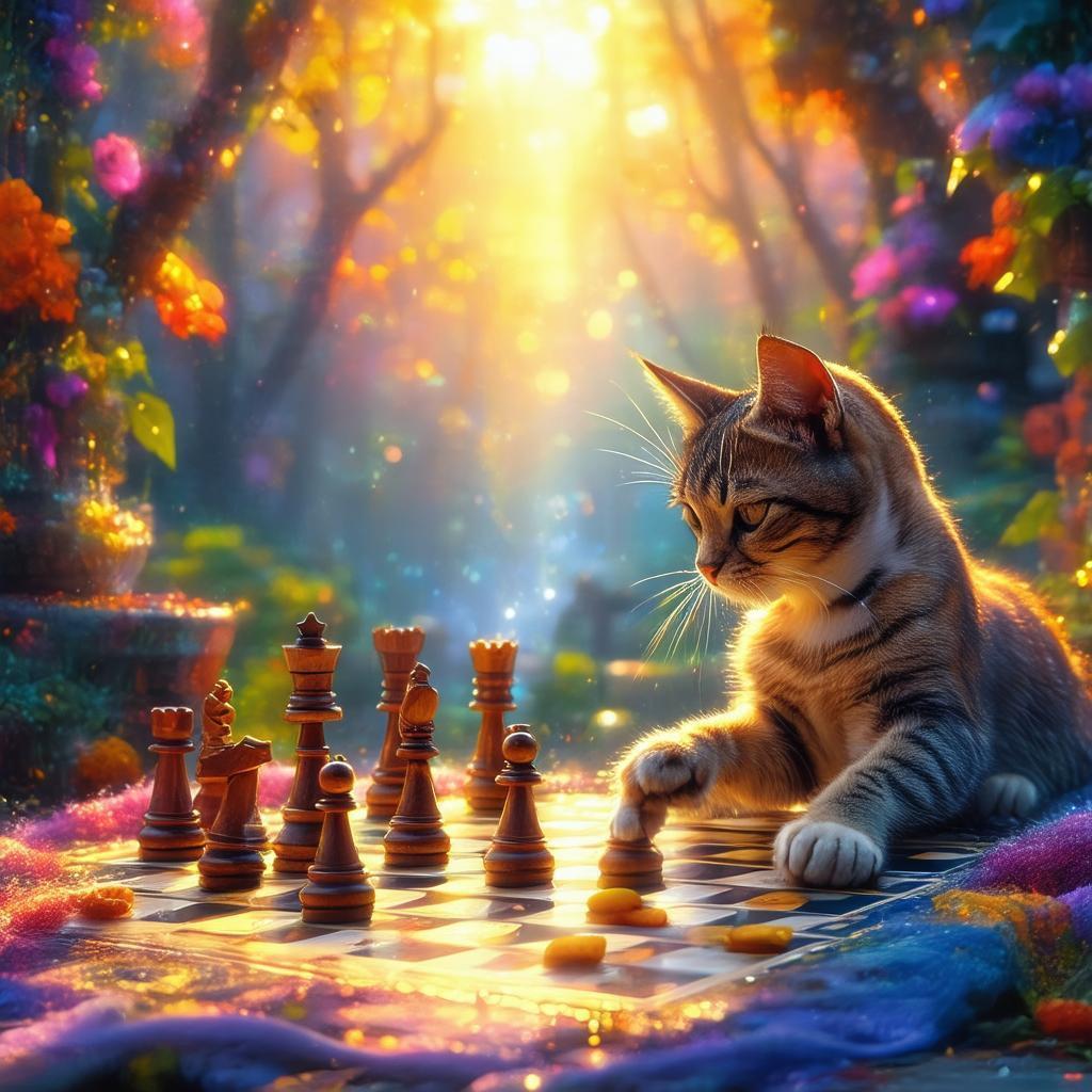 Surreal Cat Playing Checkers in Dreamlight