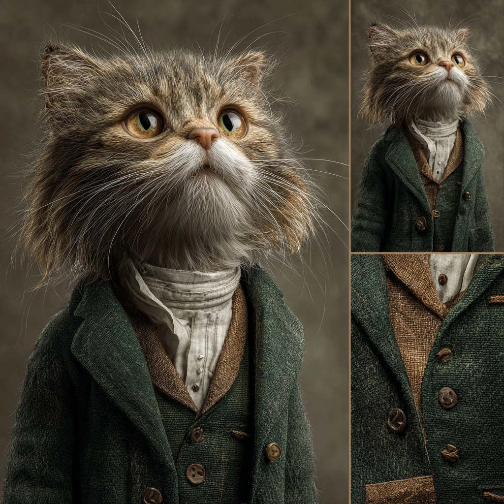 The cat should wear an elegant dark green suit