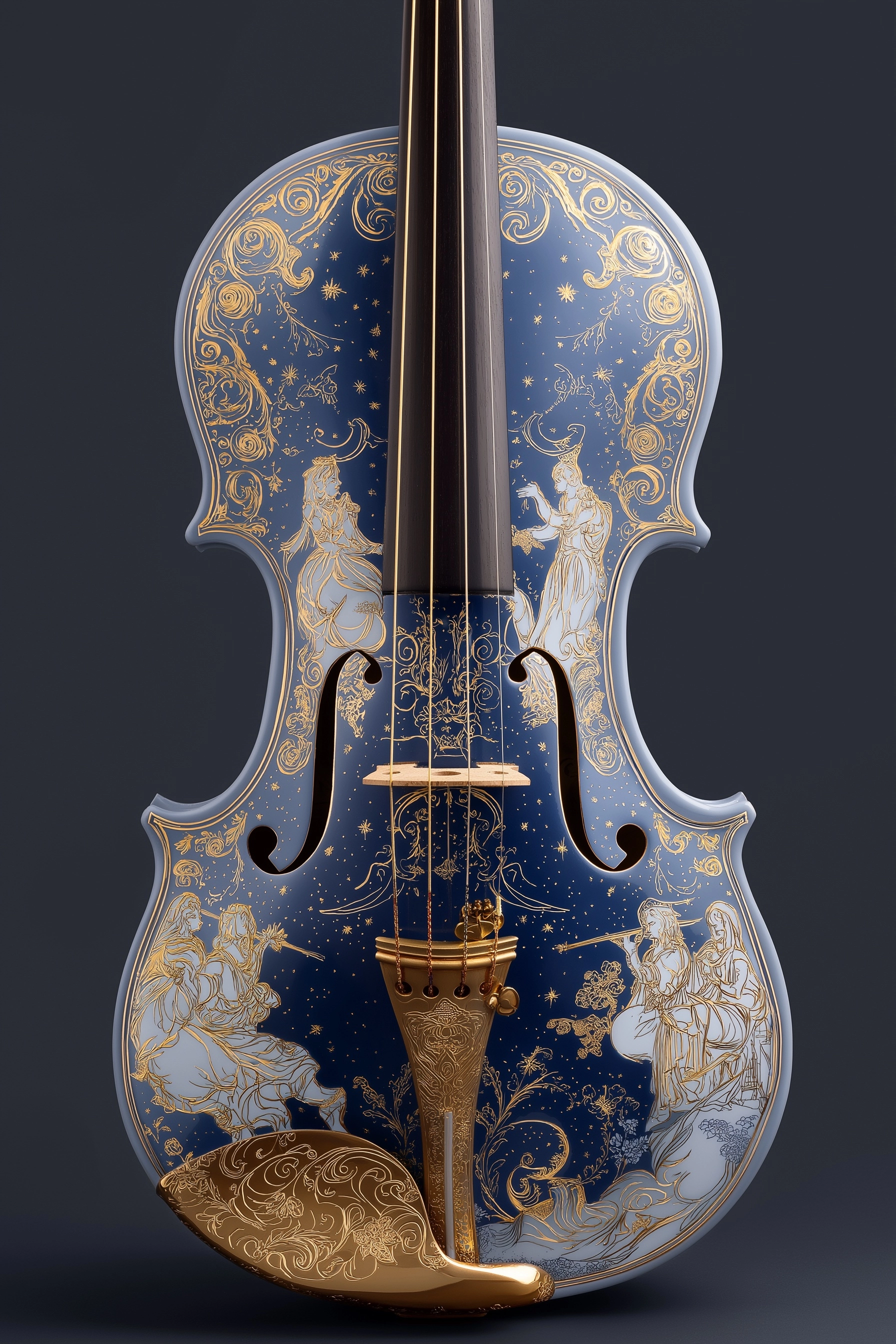 An artistic photo of bleu blanc porcelain violin depicting figures from One Thousand and One Nights