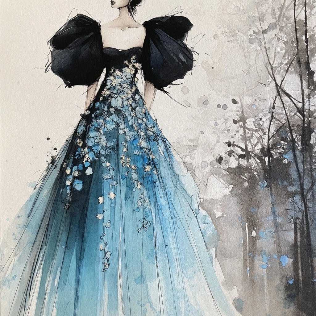 Hand-drawn fashion illustration, avant-garde couture dress