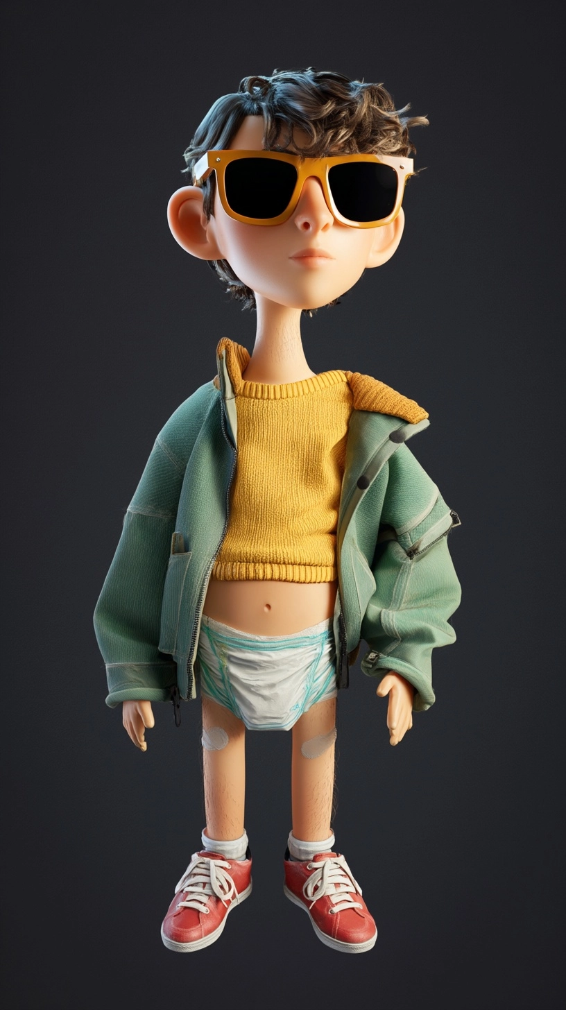 Un personnage masculin surréaliste so cute , un préservatif sur le corps et des lunettes de soleil t