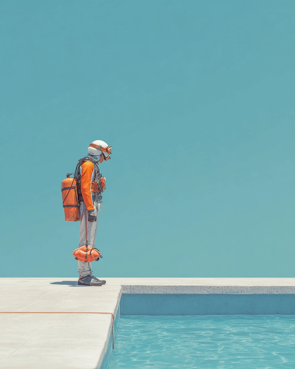 A person standing at the edge of a diving board, fully equipped with helmet, life jacket