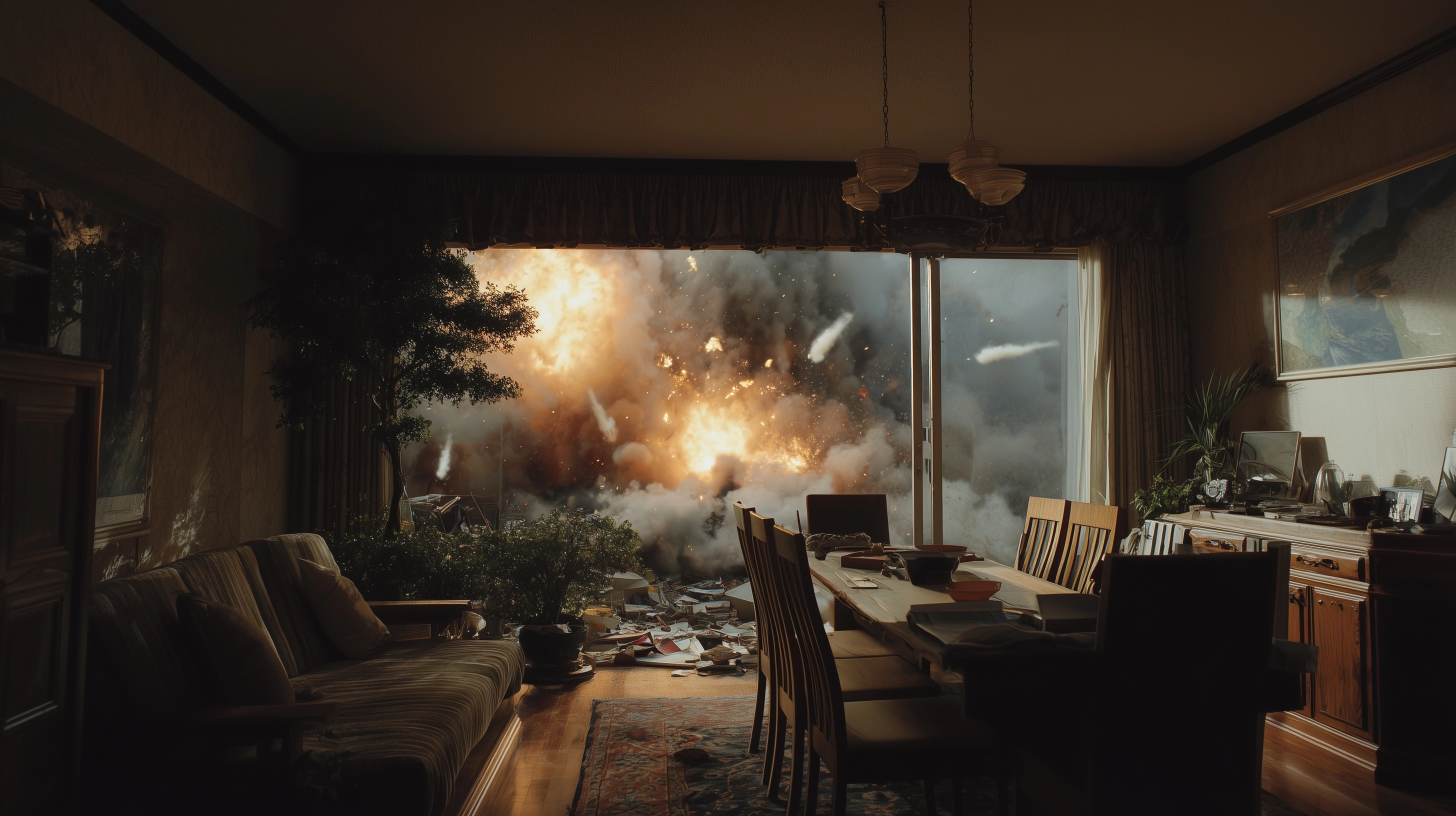 TOMAHAWK MISSILES APPROACHING and EXPLODING FLAMES EVERYWHERE, FROM ALL SIDES