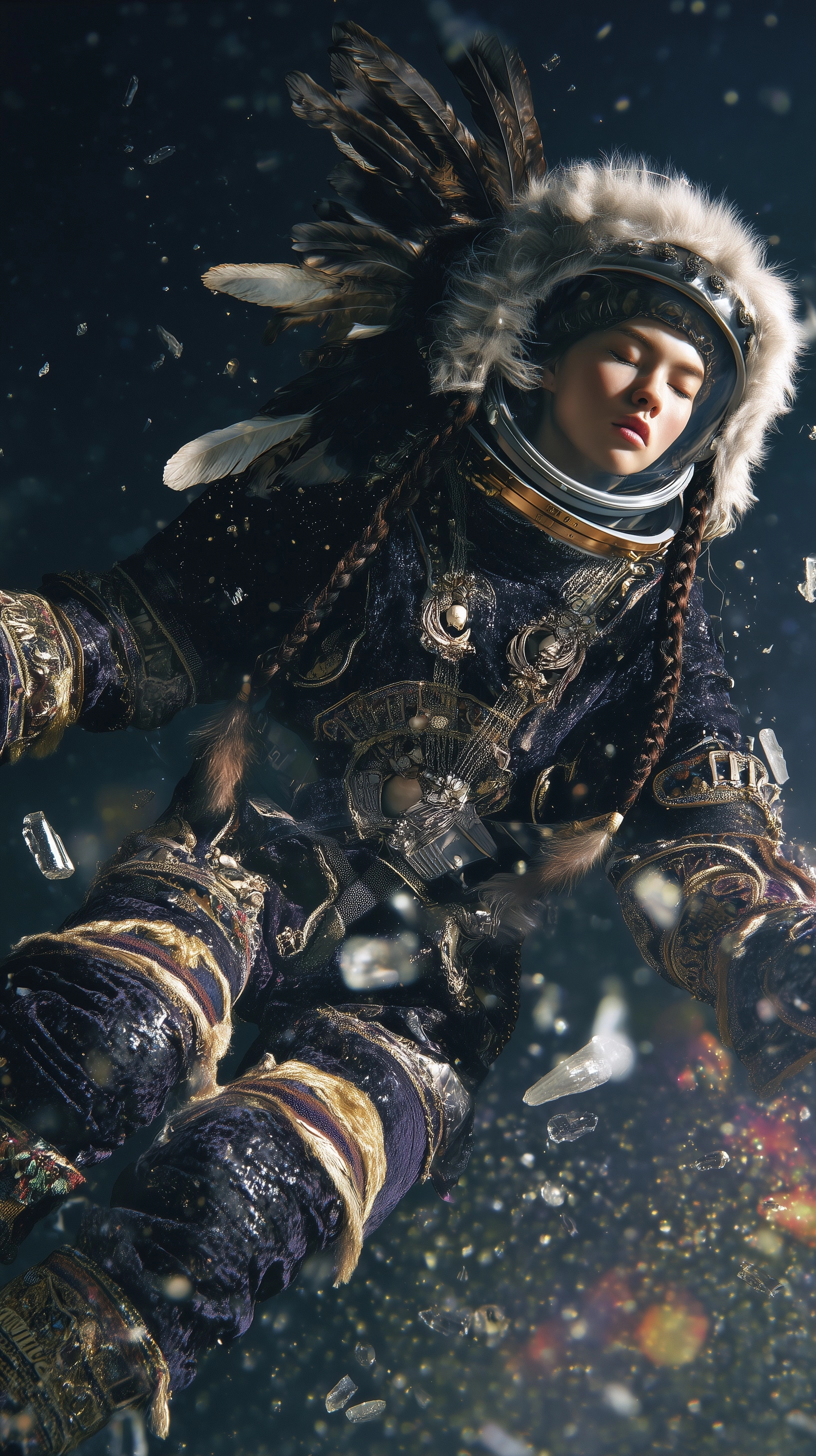 Surreal fashion editorial, a female cosmonaut floating in open space