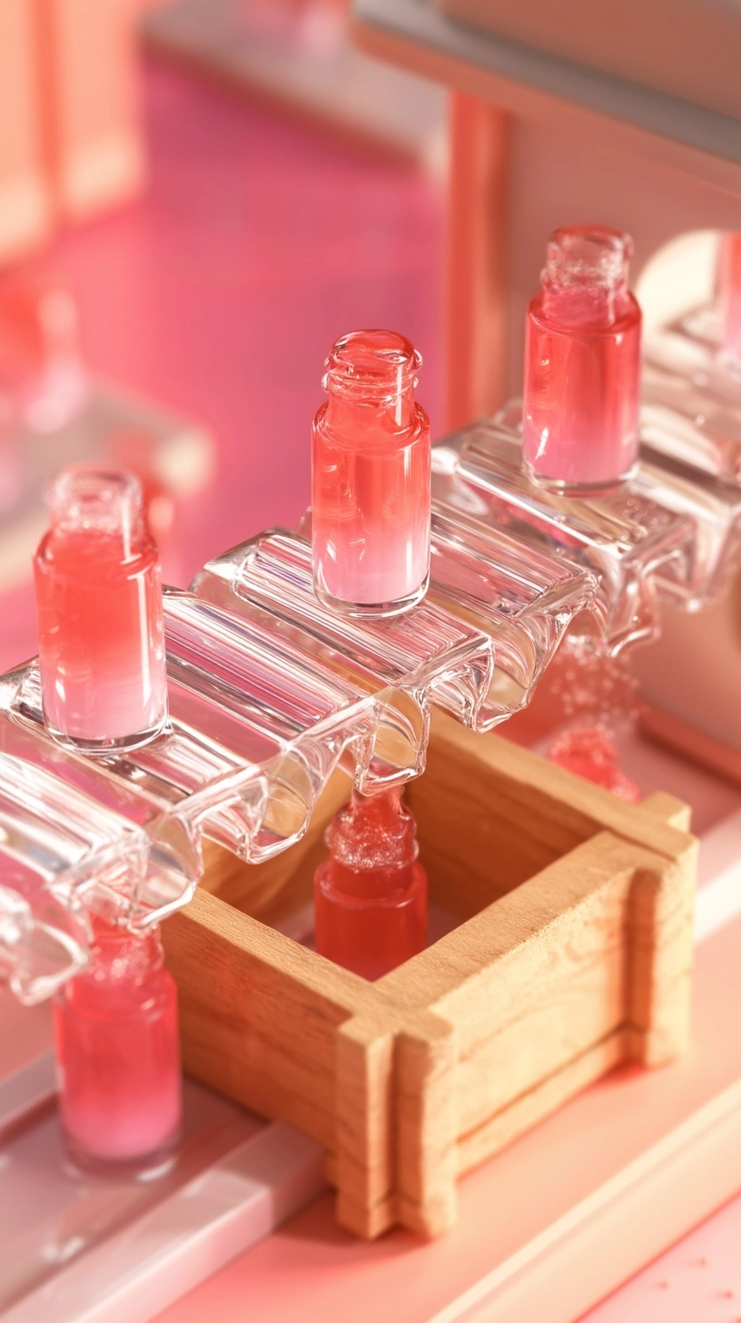 Extreme close-up of glossy miniature lip oil bottles in gradient pink and coral colors sliding smoot