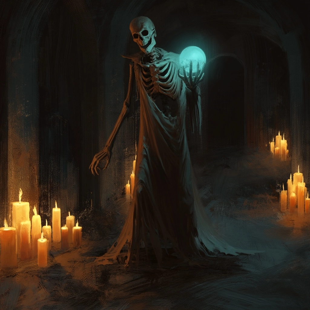 Lich monster in a crypt, grimdark dungeon and dragon style, dark tones