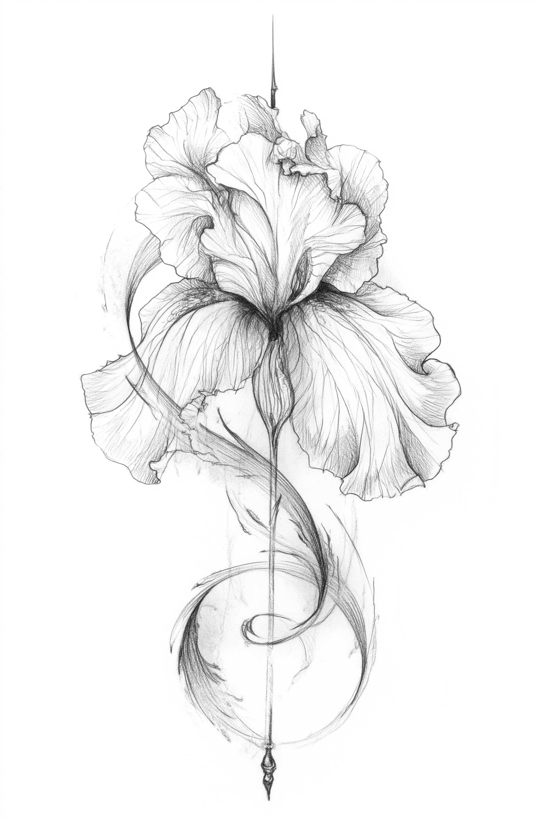 A pencil sketch of an elegant tattoo design featuring a delicate iris flower