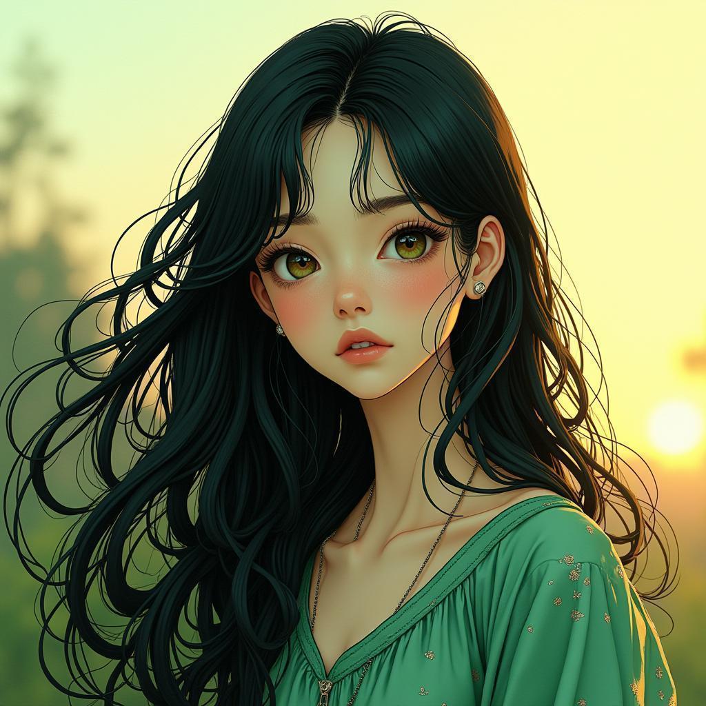 Emerald Tinted Hair in Serene Golden Light