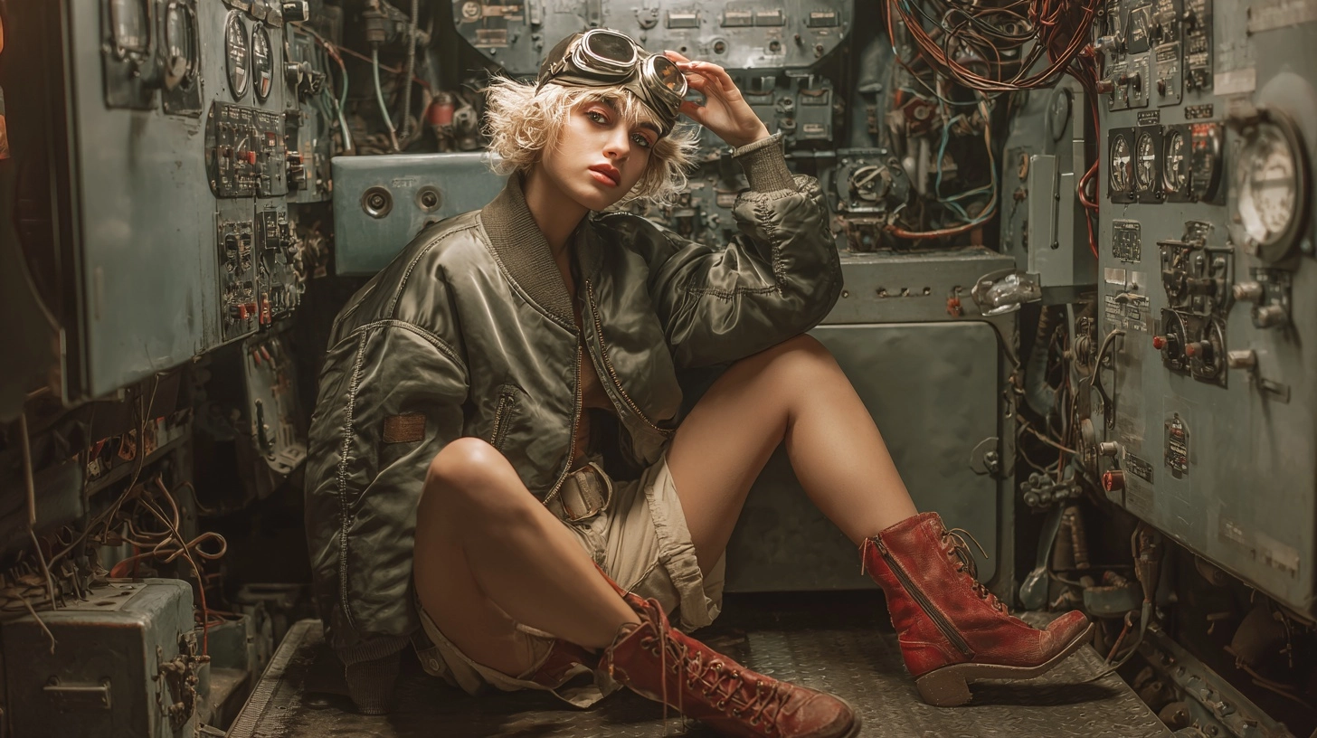Ultra-realistic photo of a young female mechanic sitting inside an industrial machine room