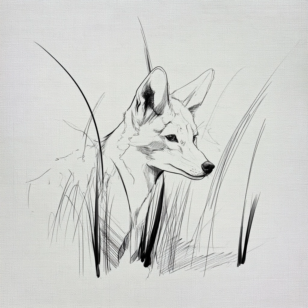 Jackal ready to pounce hidden behind some grass, minimalistic hand-drawn sketch