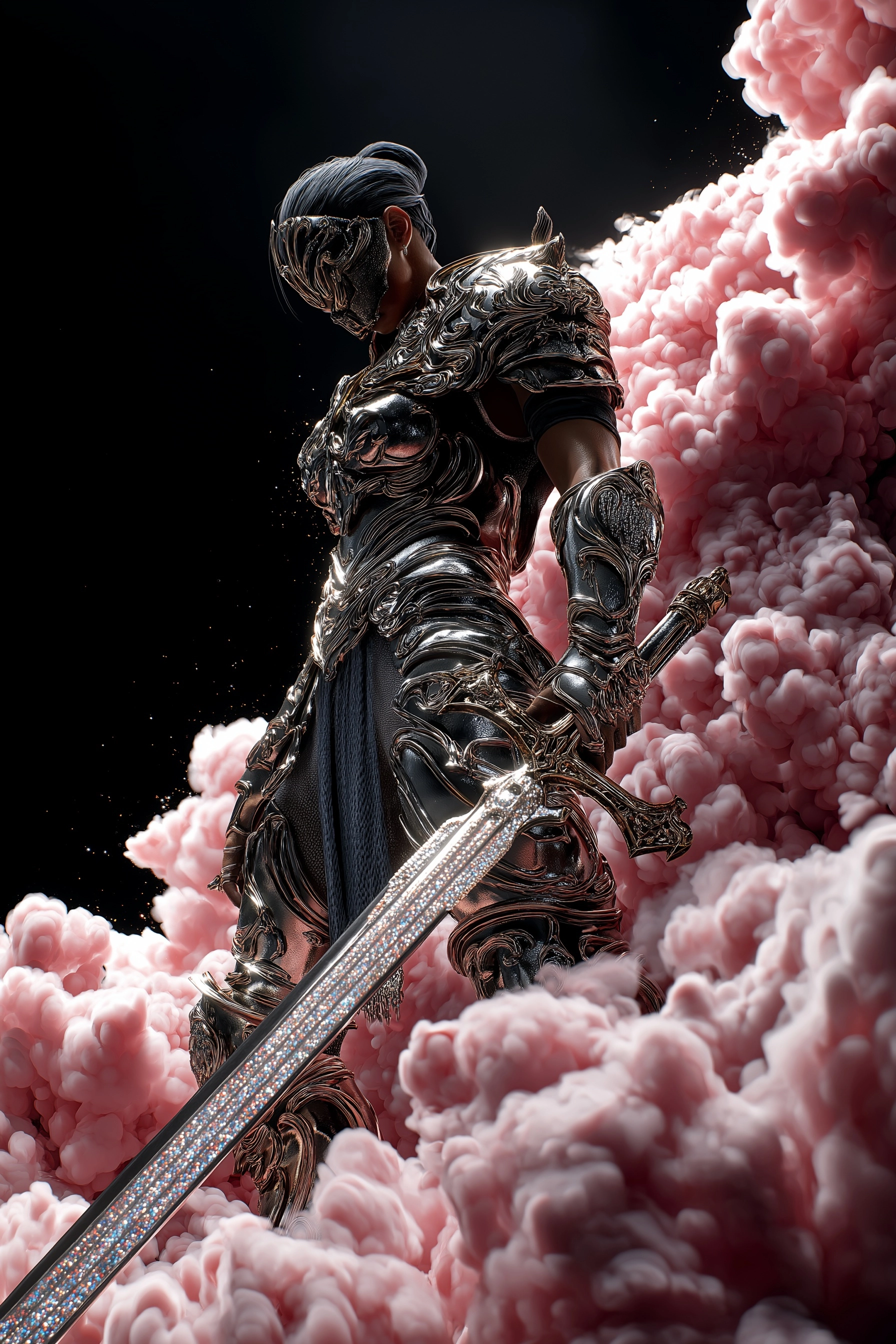 A full-body image of a muscular female warrior in the full armor of God
