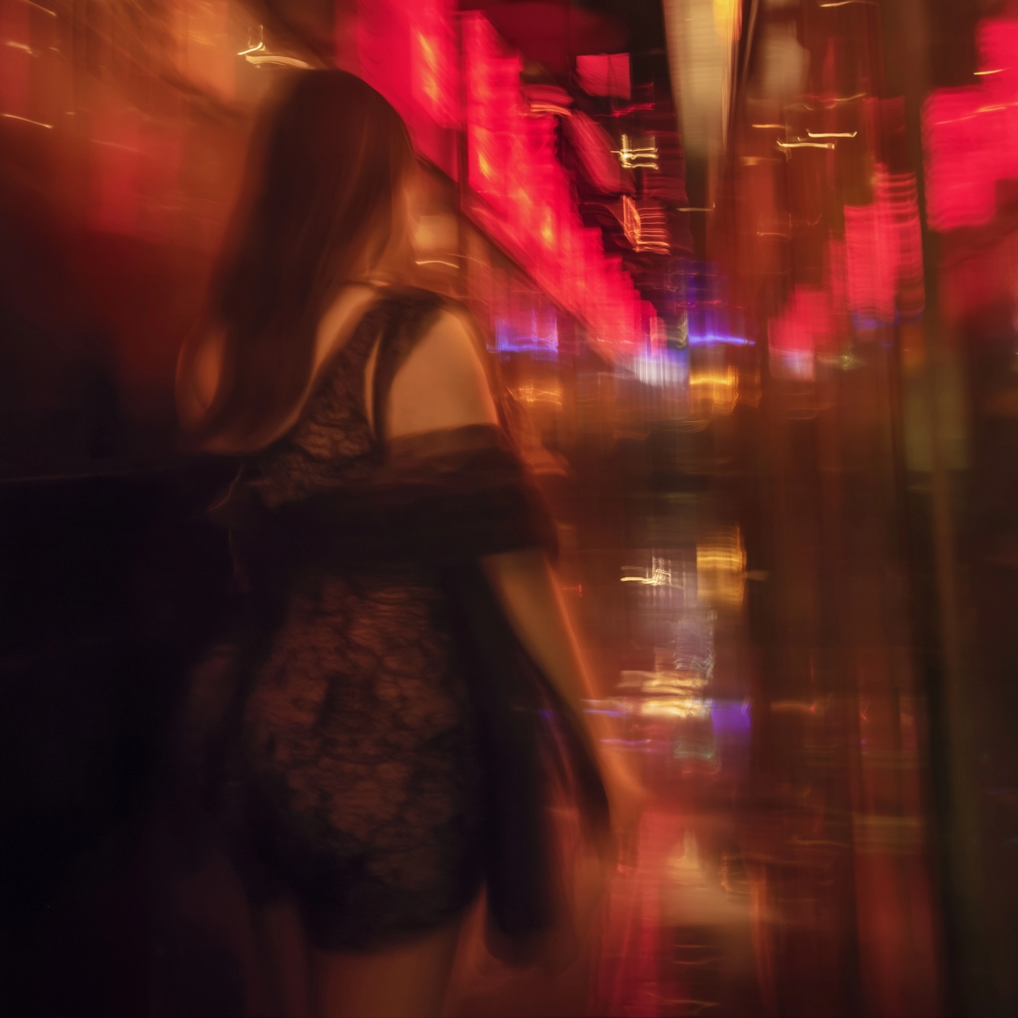 An extremely obese woman is seen in side view in a narrow late night bar corridor in contemporary Ch