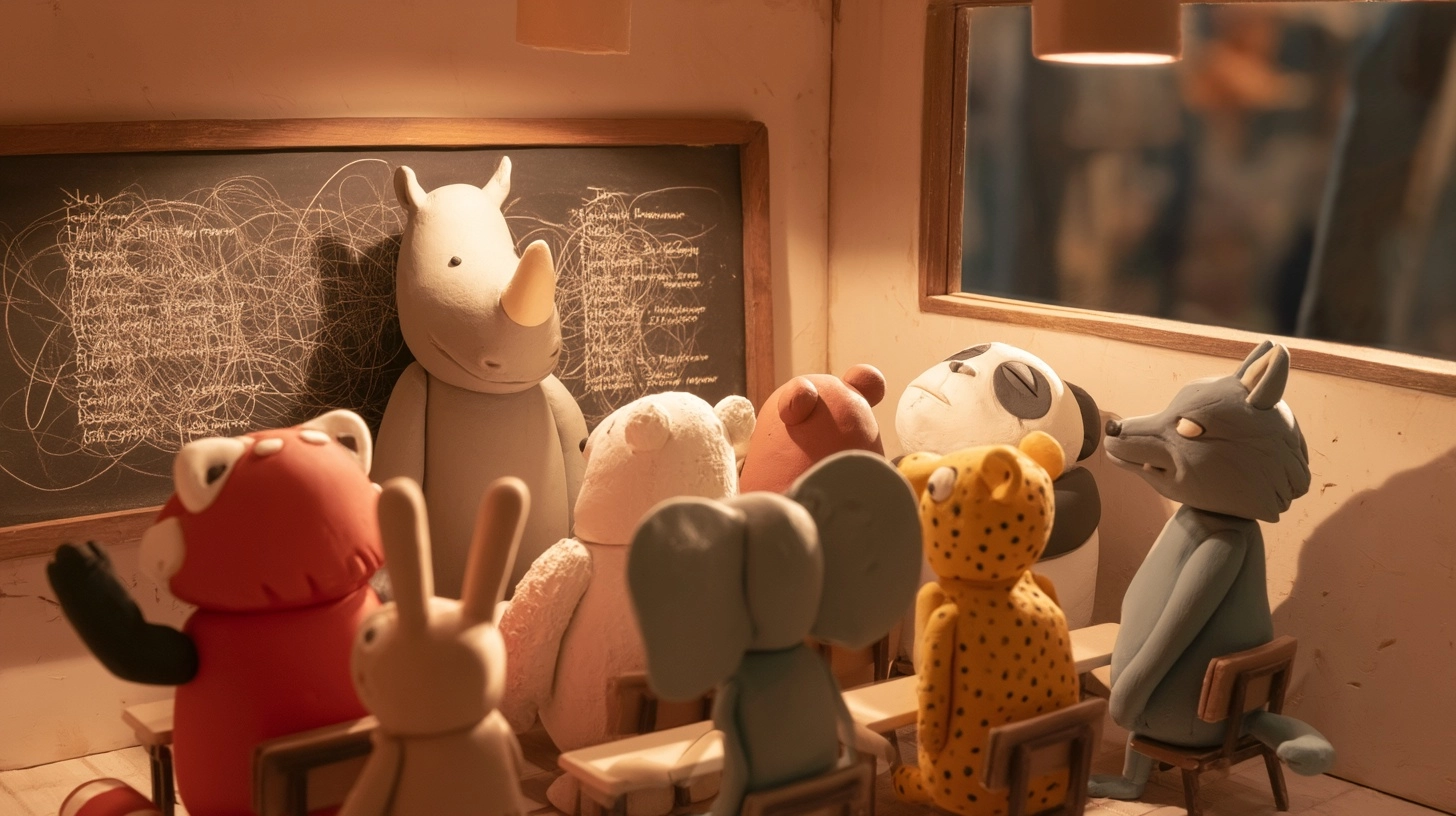 Handcrafted clay stop-motion miniature scene, small animal park classroom interior. Upright rhinocer