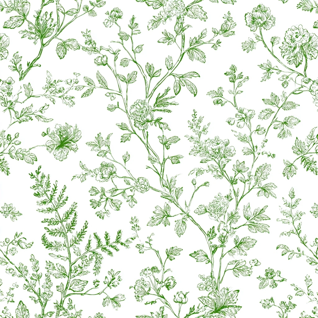 Design an elegant and detailed pattern featuring delicate green line art foliage, flowers, ferns