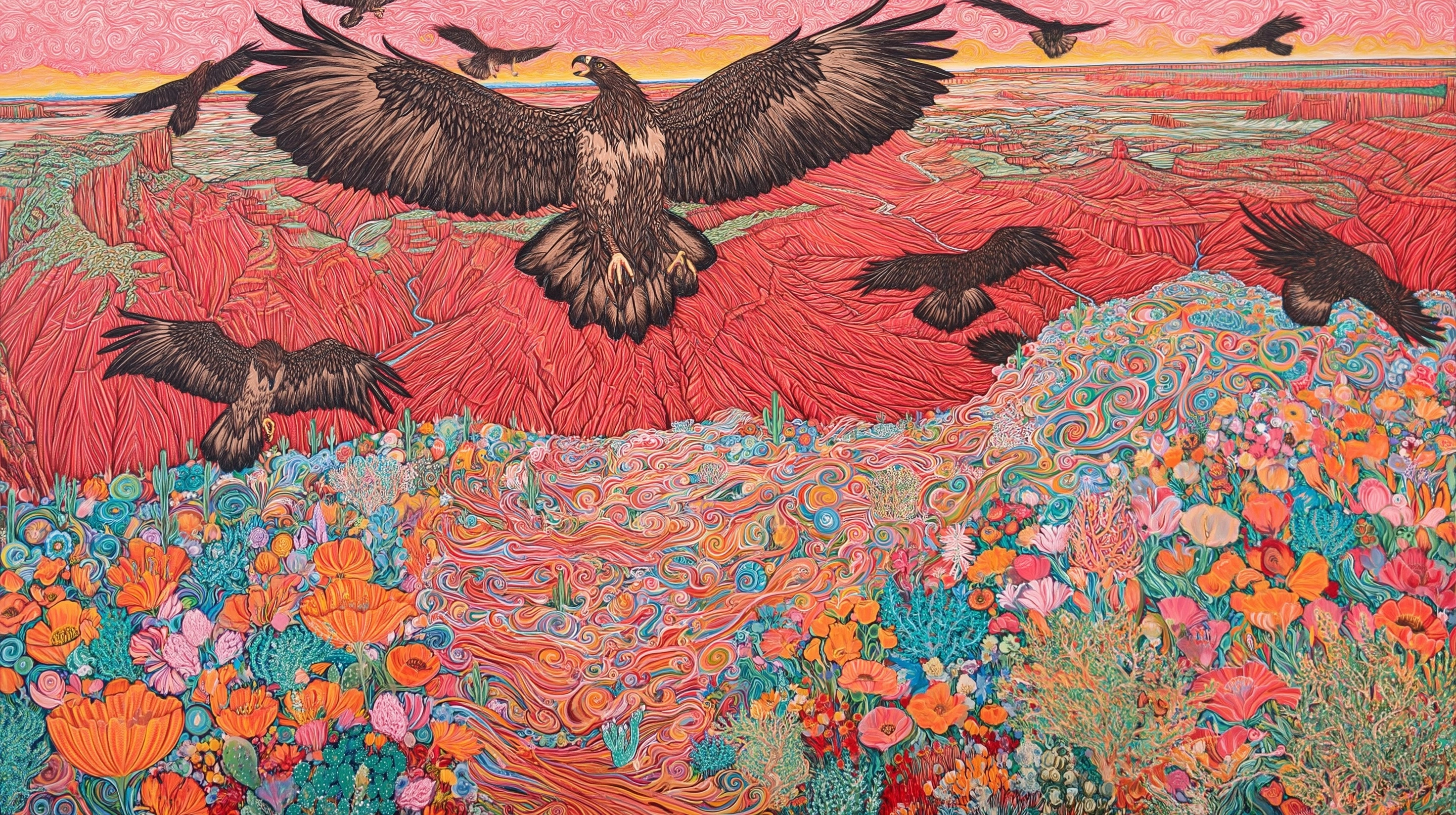 Vibrant colors burst forth from a whimsical depiction of a canyon landscape teeming with stylized ea