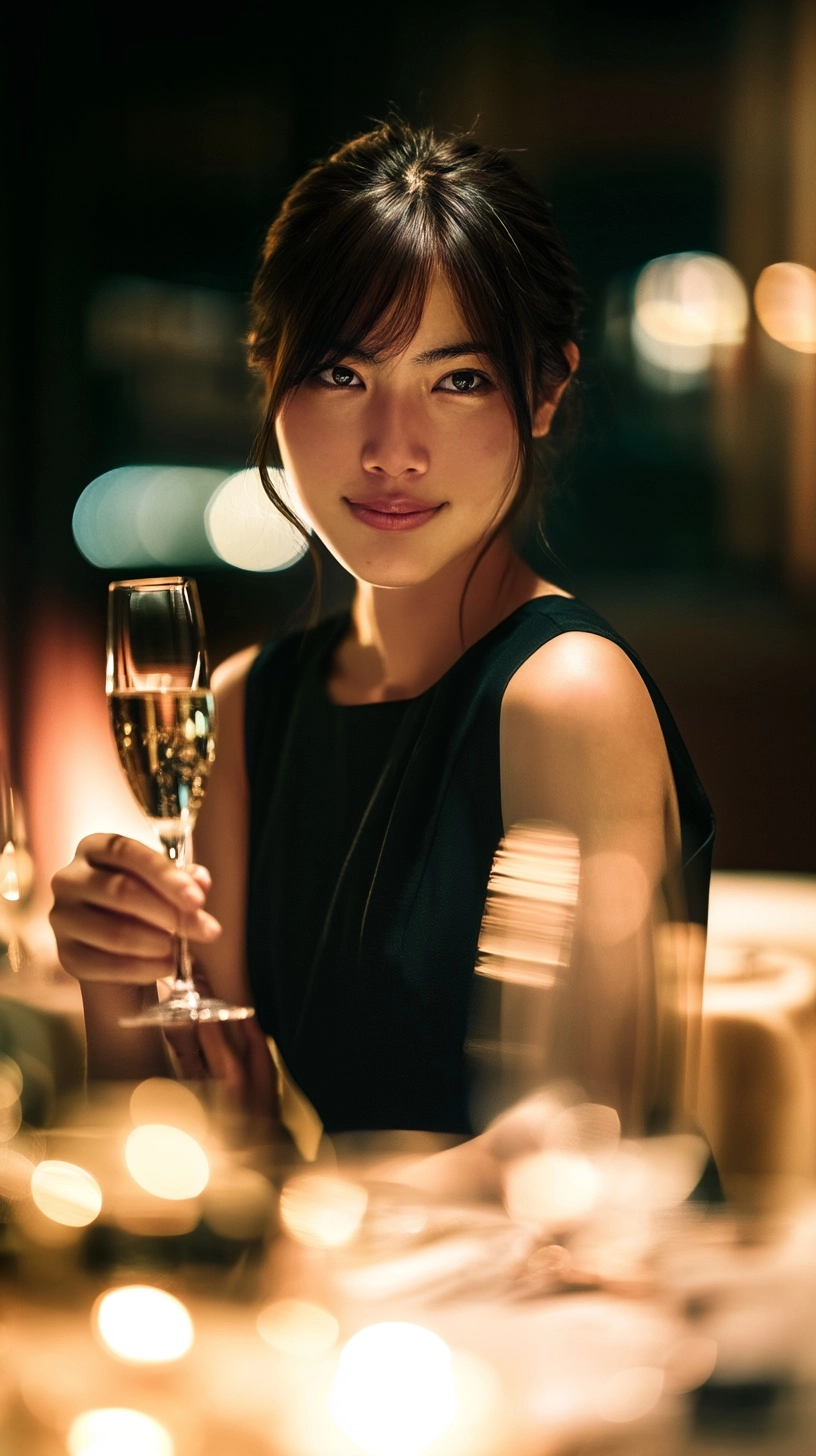 A stunningly realistic image of a 19-year-old Japanese beauty. She sits in a high-end restaurant