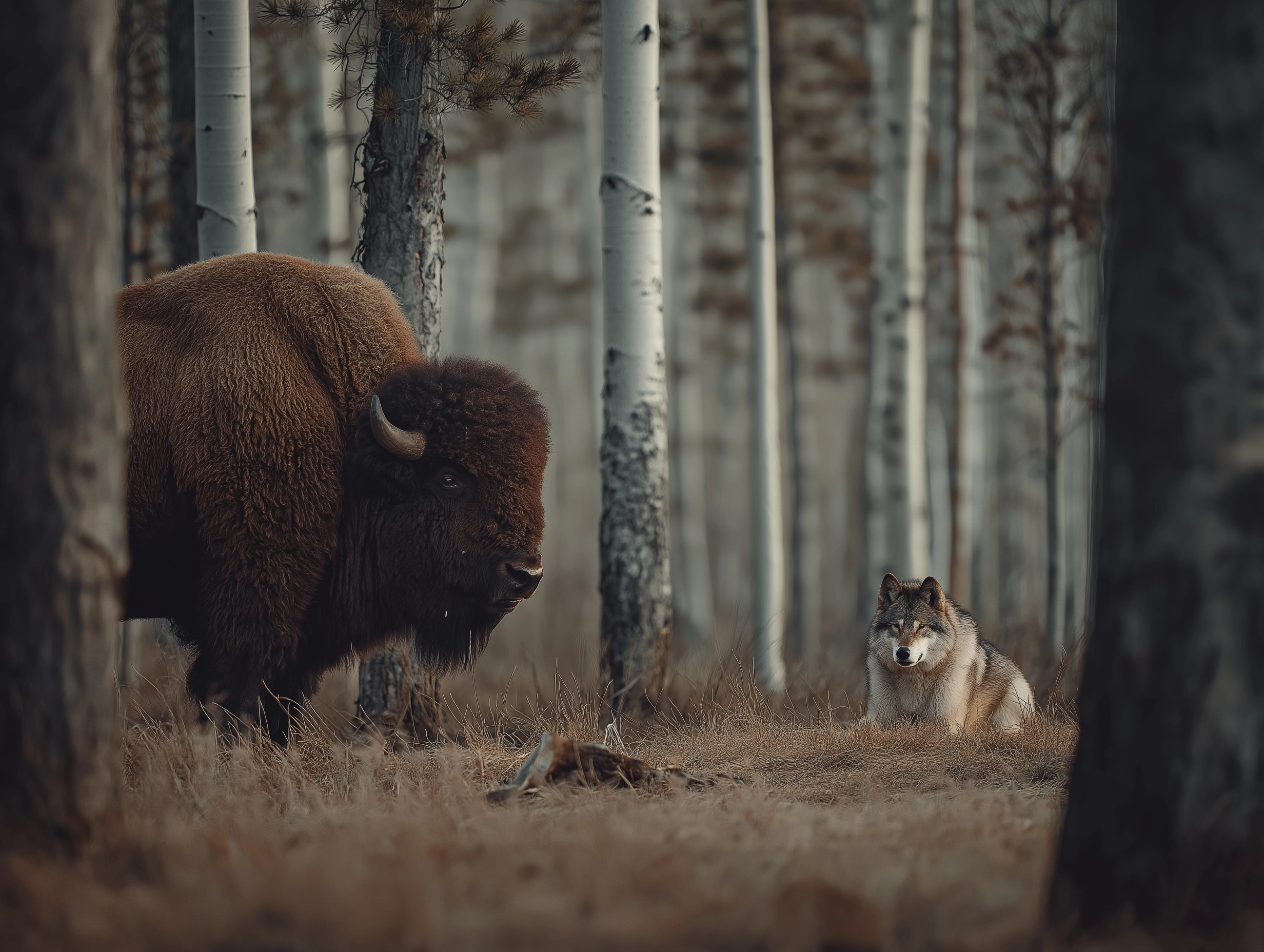 A female bison standing and a wolf sitting and watching at a distance looking at each other through