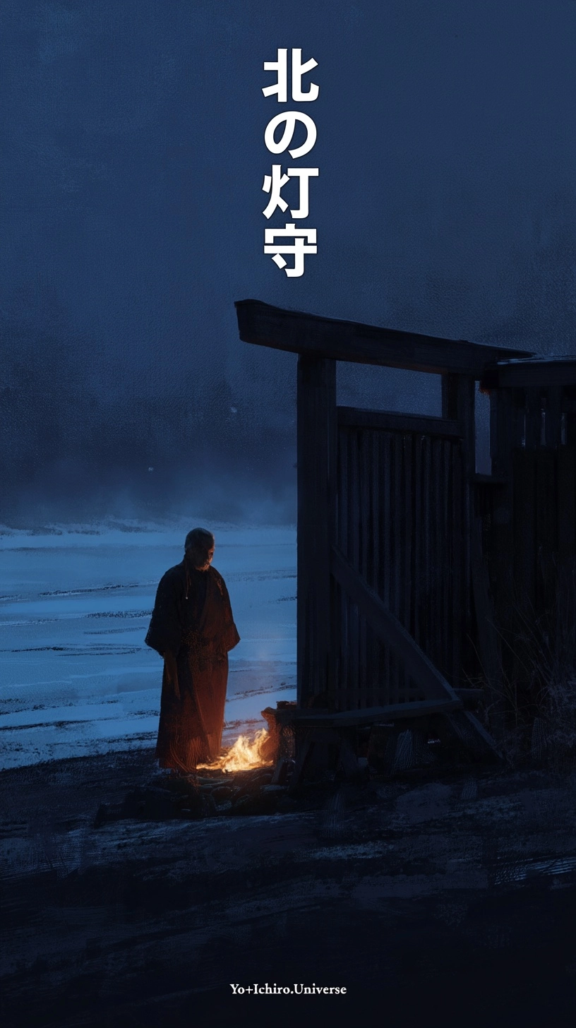 A severe northern ritual scene at the edge of a frozen river in pre-dawn darkness