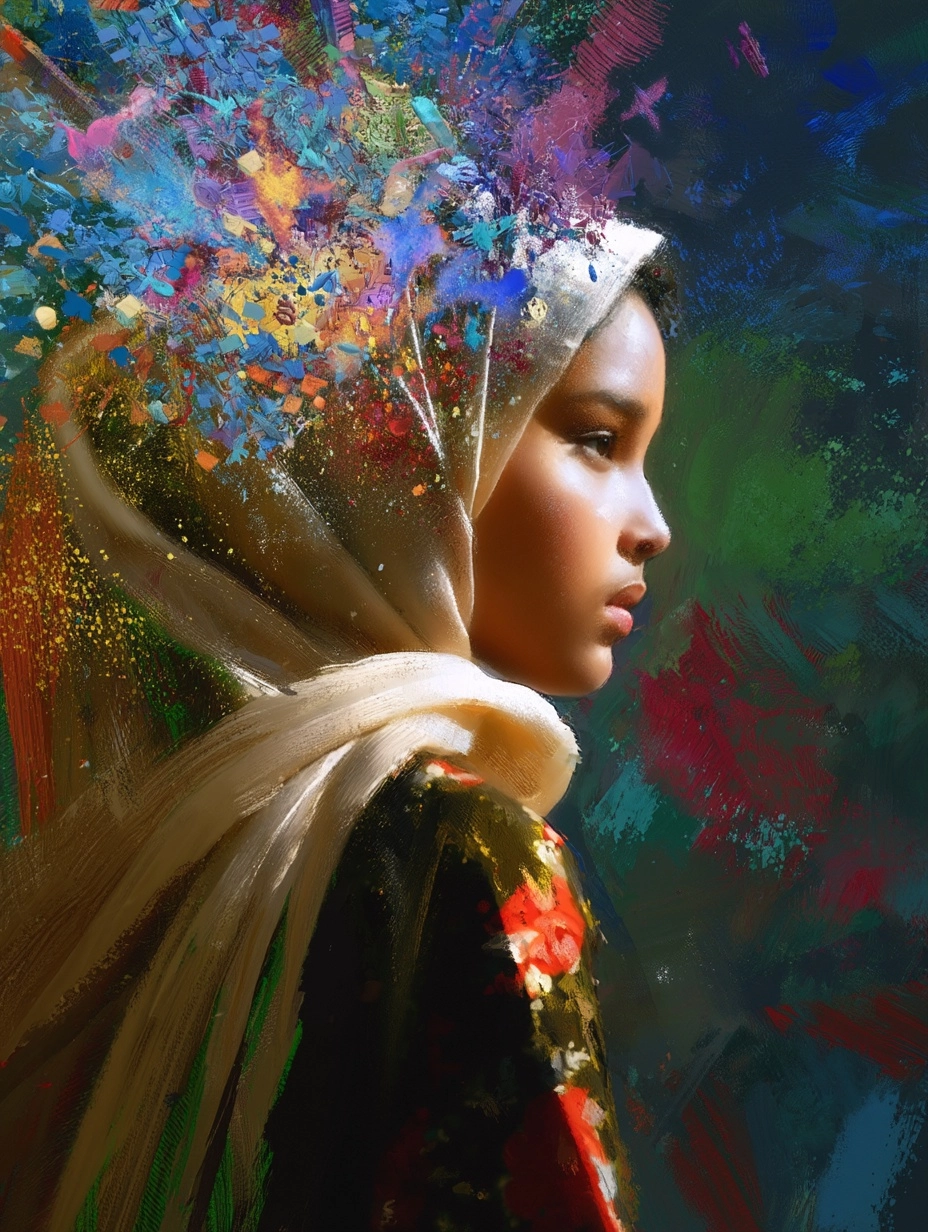 A side profile of a woman in a hijab with a million thoughts going around her head. Chaos around her