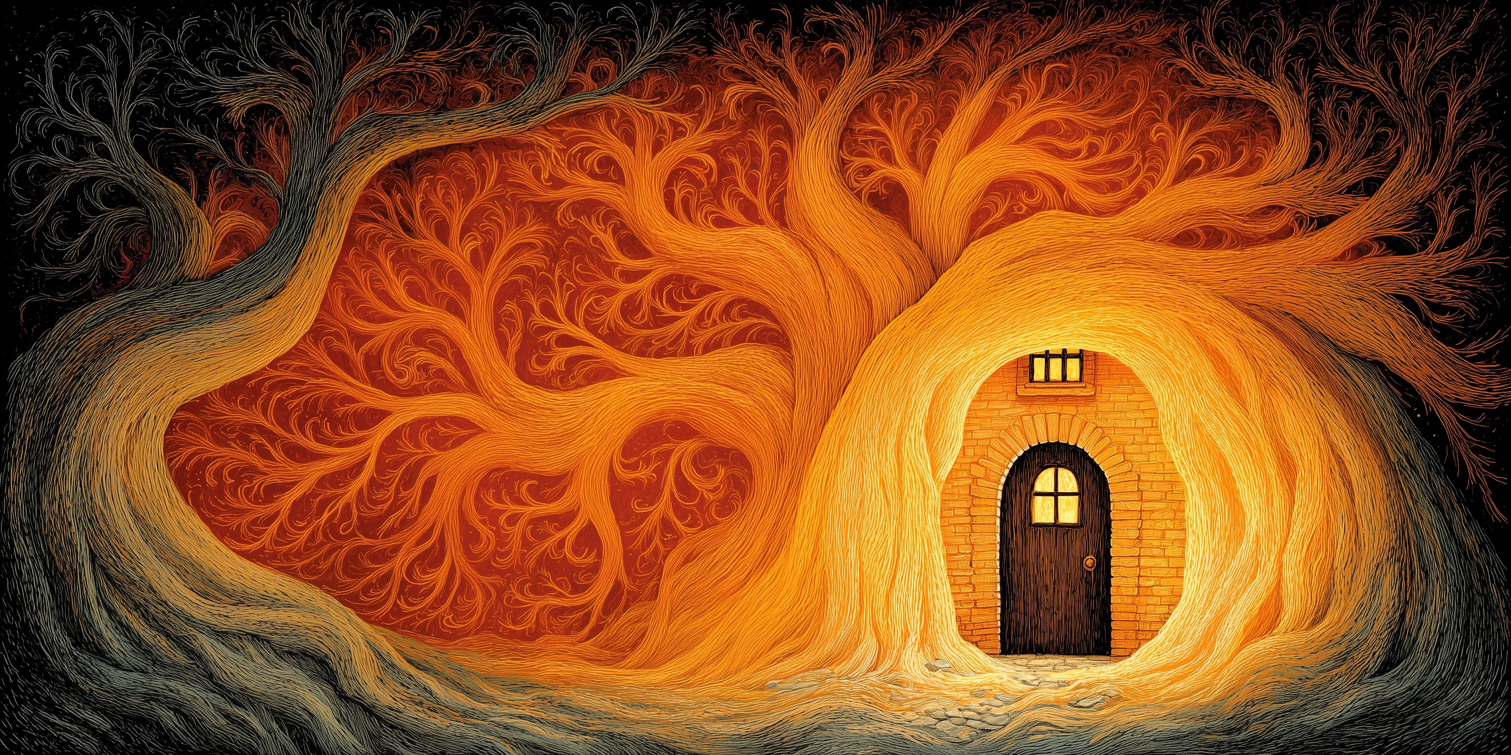 Outside a hollow of a tree stands a small closed wooden door. Warm golden light