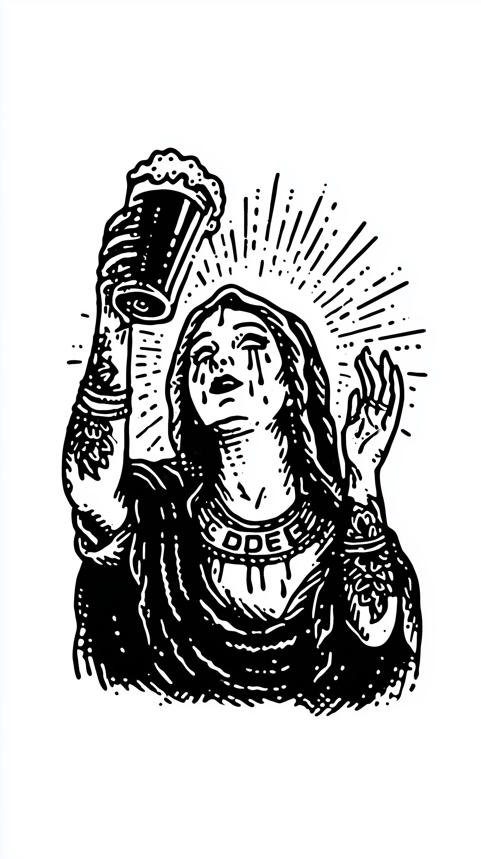 Outlines vector style crying madonna holding a glas of beer above her head with both hands