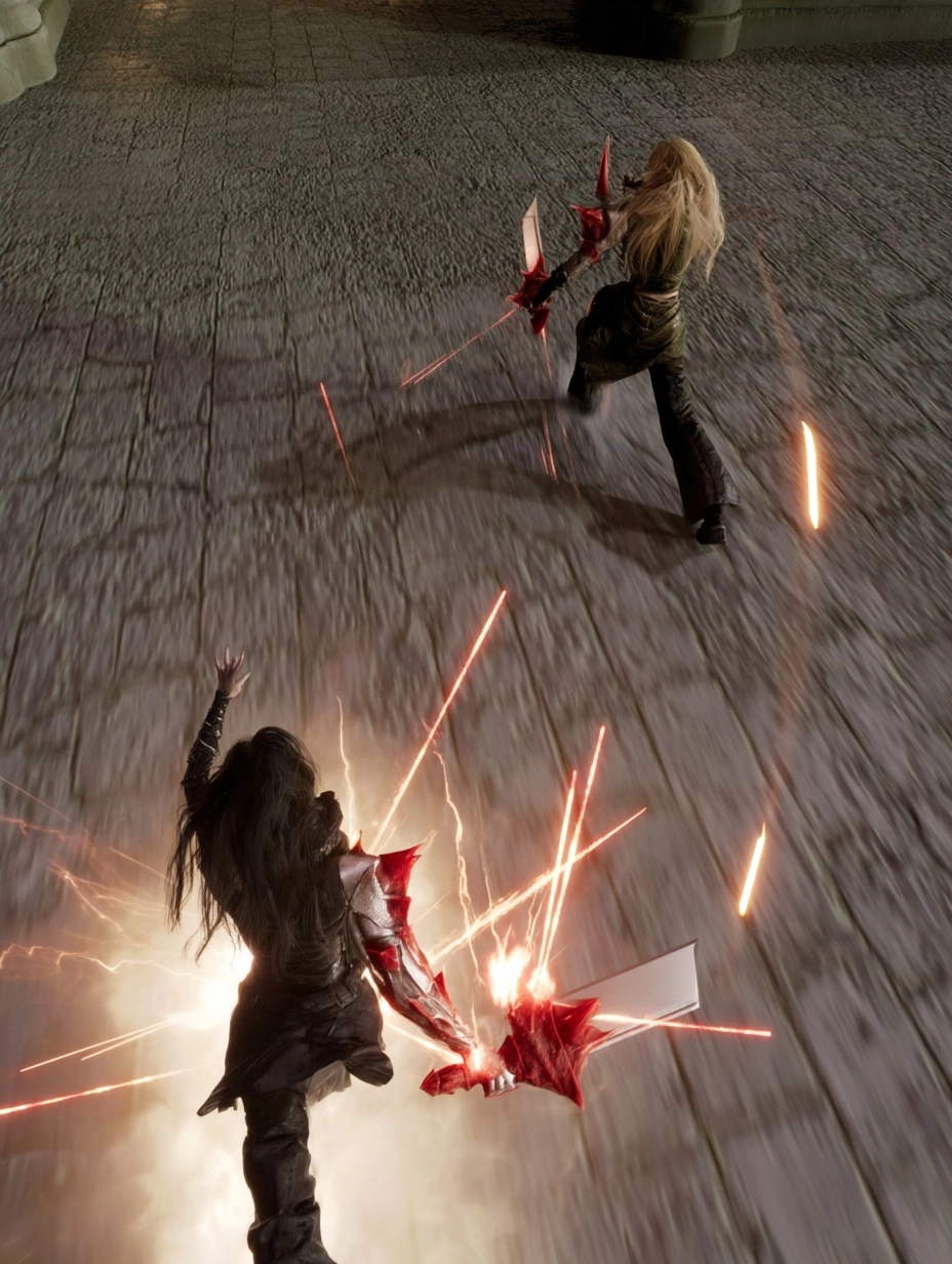 2 characters in action, ultra dynamic angle view, far away