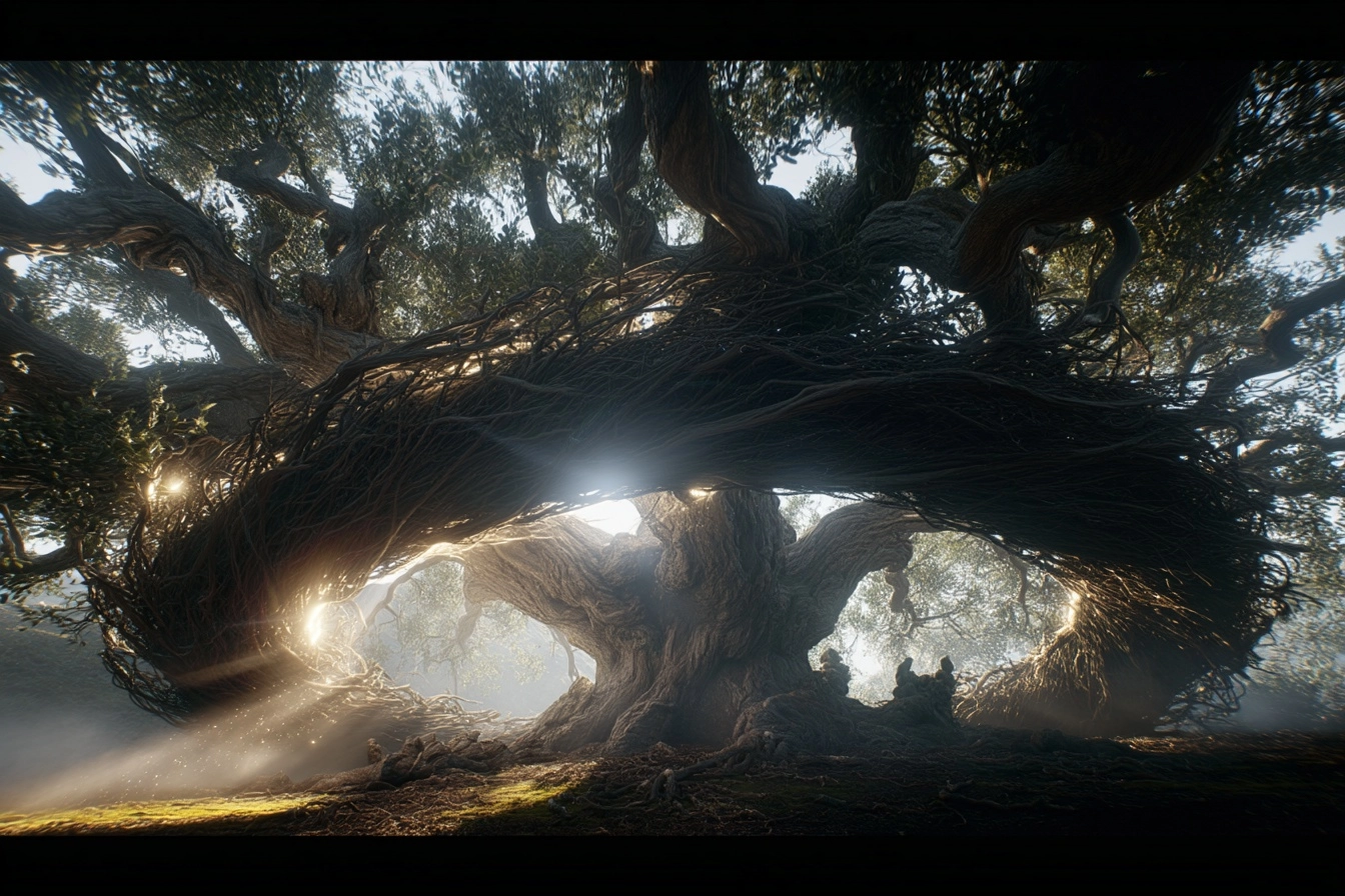 A photorealistic, cinematic image of a majestic, ancient tree whose branches and roots bend symmetri