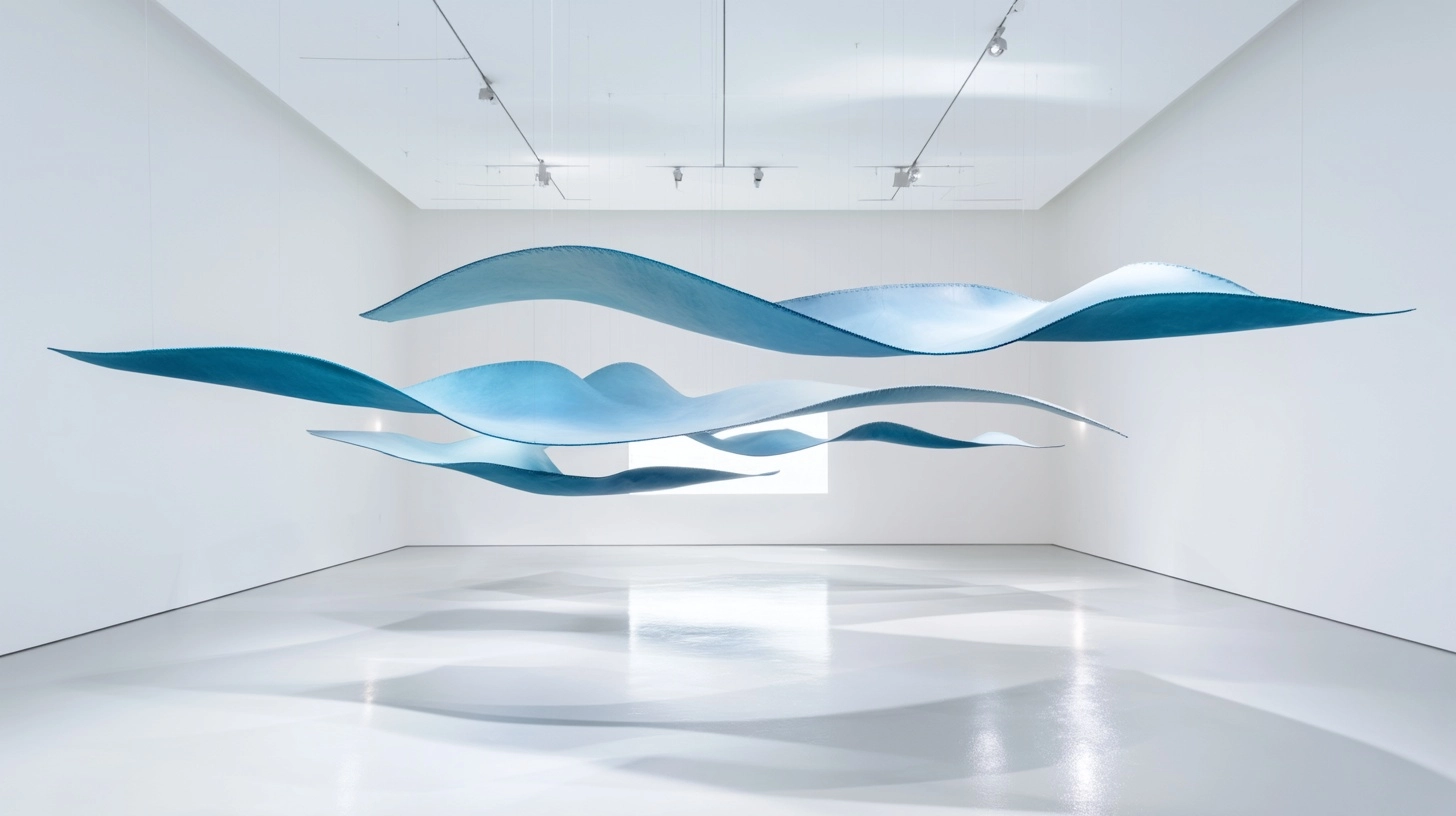 Wide cinematic architectural photograph in a pure white cube gallery