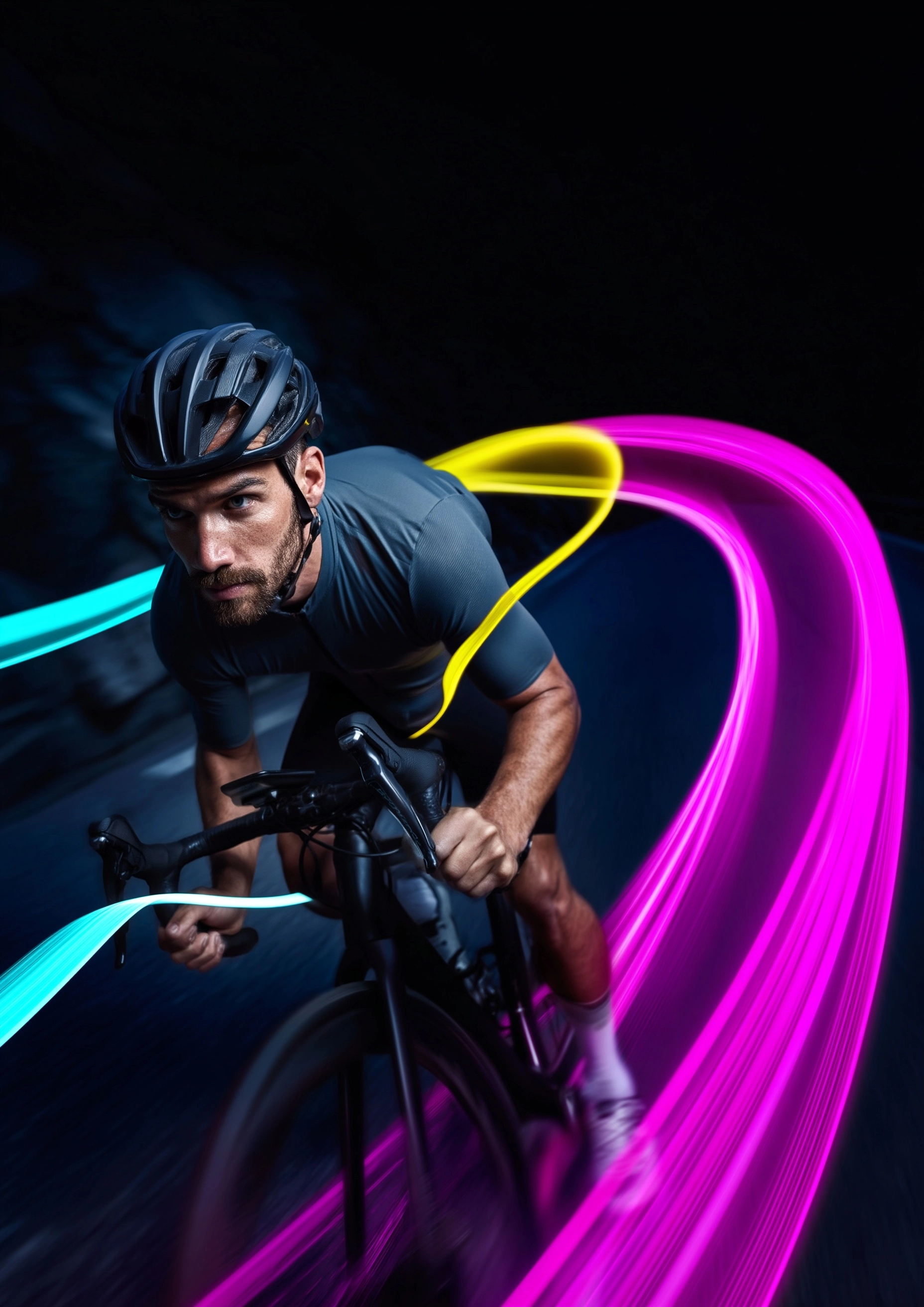Cinematic sports photography, dynamic low angle action shot. An authentic Caucasian male cyclist in