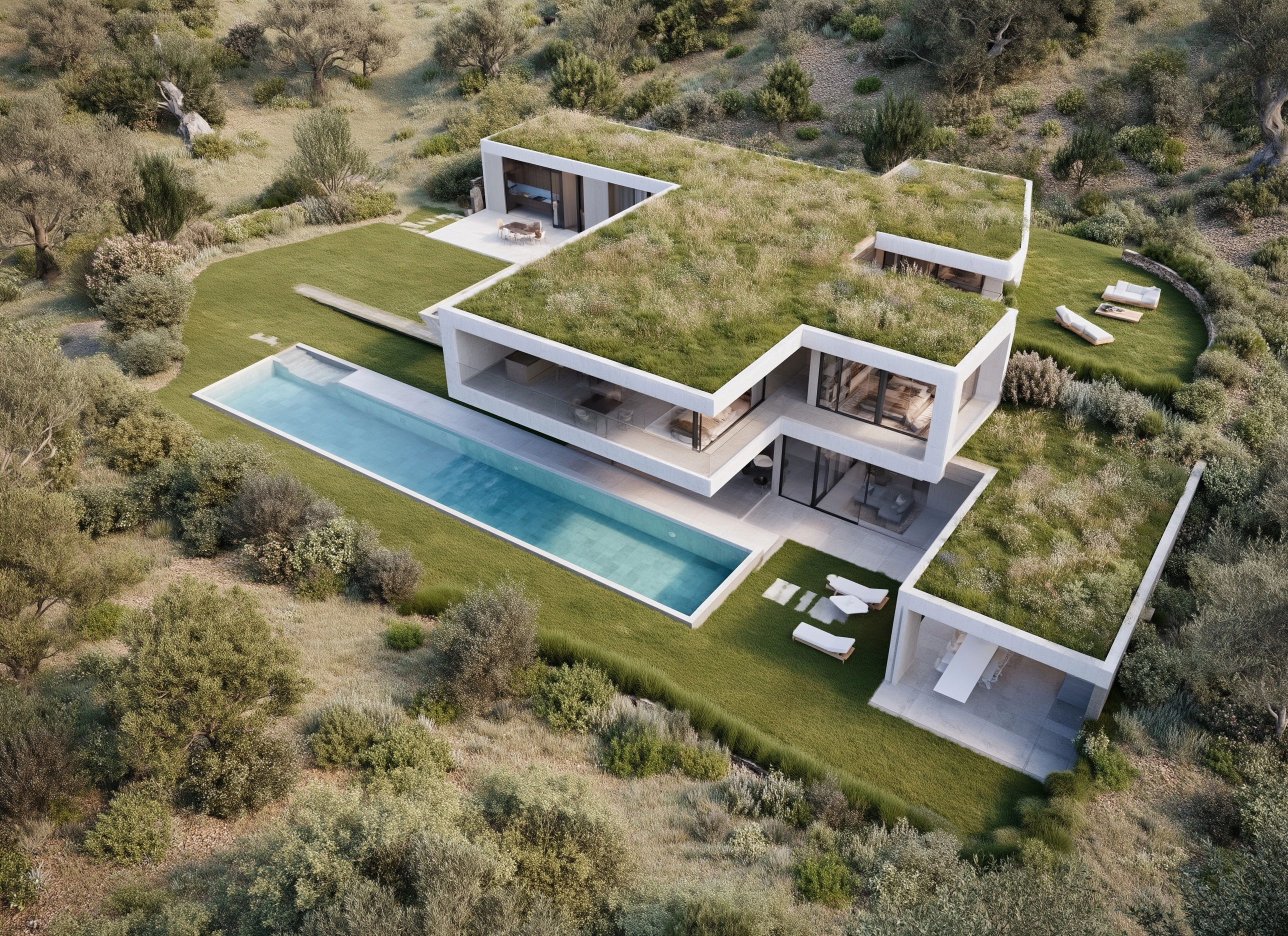 A modern villa with a pool, an aerial view, a high-angle shot